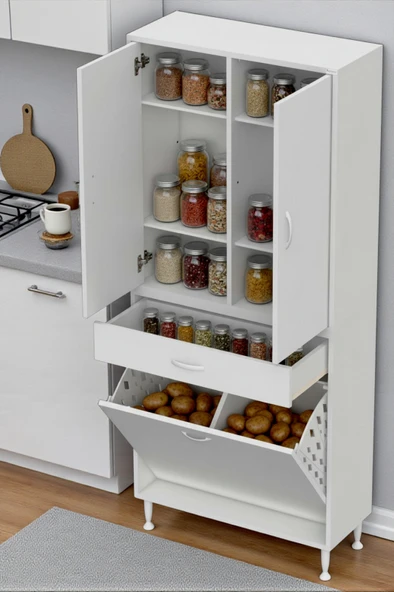 Eliusta  Wall Beyaz Banyo Dolabı 80 cm İki Göz Bölmeli Sepet 80x171x32,5 cm 4 Raflı Mutfak/Banyo Dolabı ürün görseli 1