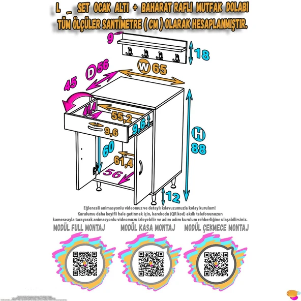 Eliusta  Asya Beyaz Set Ocak Altı 65 cm Tüp Hazneli Mutfak Dolabı 65x88x56 cm Baharat Raflı Dolap - Resim 2