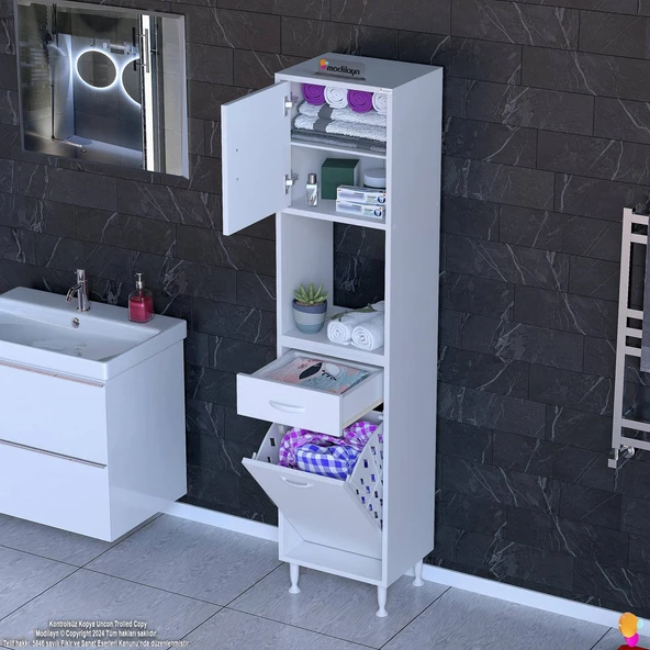 Eliusta  Seris Sepetli ve Çekmeceli Banyo Dolabı  G:35 cm Çok Amaçlı Beyaz Düzenleyici 35x173x32,5 cm Dolap - Resim 3