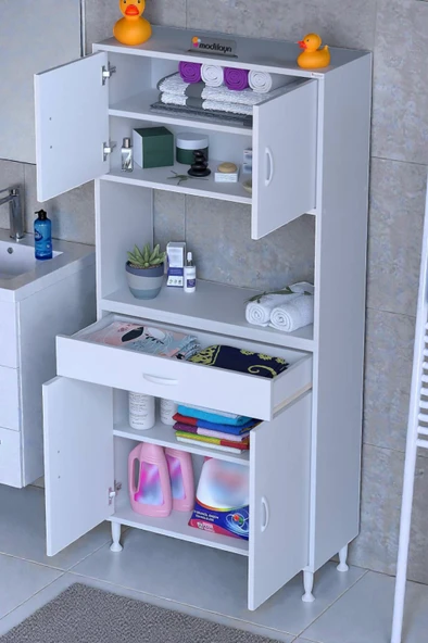 Eliusta  Nordi 4 Kapak 2 Raflı Beyaz Dolap 70x173x32,5 cm Çekmeceli Çok Amaçlı Banyo/Mutfak Dolabı ürün görseli 1