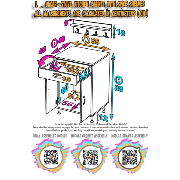 Eliusta  Mono Duvara Monte 65 cm Baharat Raflı Ocak Altı Dolap 65x88x48 cm Tüp Bölmeli Mutfak Ünitesi - Resim 2