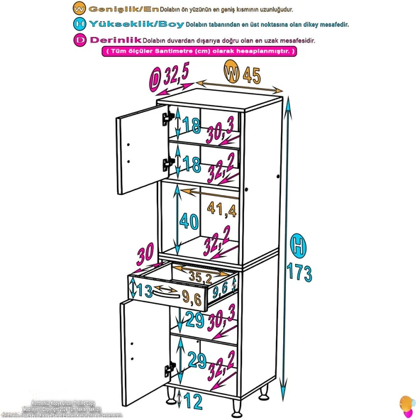 Eliusta  Leno Tek Kapaklı 45 cm Düzenleyici Dolap Banyo/Mutfak Dolabı 45x173x32,5 cm Beyaz Dolap - Resim 2