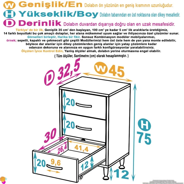 Eliusta  Seçer 3 Çekmeceli 45 cm Banyo ve Mutfak Dolabı Beyaz 45x75x32,5 cm Çok Amaçlı Organizer Dolap - Resim 2