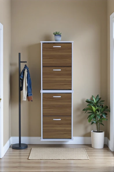 Eliusta  Slim 4 Düşer Kapaklı 52 cm Ceviz Asma Ayakkabılık Kapı Önü/Antre 52x156x26 cm Ayakkabılık - Resim 3