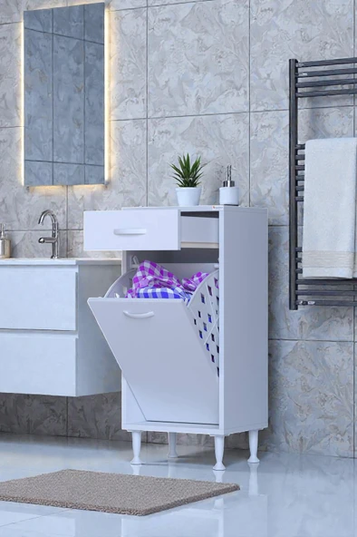 Eliusta  Asil 50 cm Kirli Çamaşır Sepetli Banyo Dolabı 1 Çekmeceli Mutfak Çok Amaçlı Dolap 50x88x32,5 cm ürün görseli 1