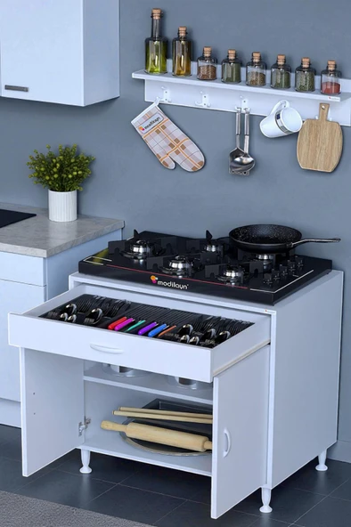 Eliusta  Liva Baharat Raflı 80 cm Çekmeceli Ankastre Mutfak Dolabı Çok Amaçlı Dolap 60x88x48 cm Beyaz Dolap ürün görseli 1