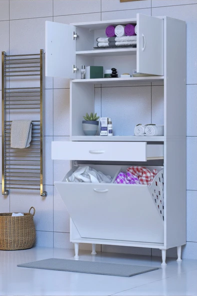 Eliusta  Seris Sepetli ve Çekmeceli Banyo Dolabı  G:85 cm Çok Amaçlı Beyaz Düzenleyici 85x173x32,5 cm Dolap ürün görseli 1