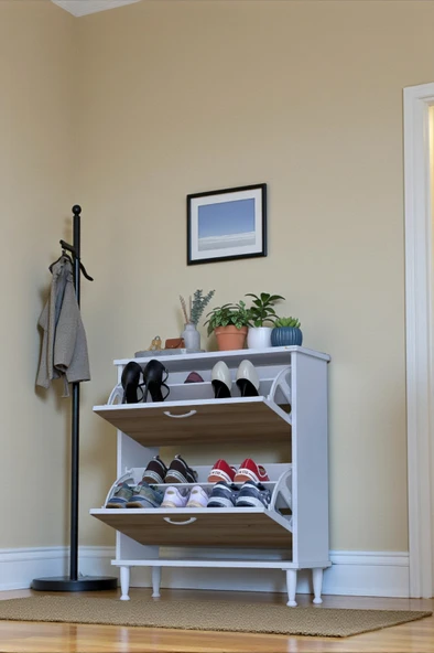 Eliusta  Antrex 72 cm Meşe 2 Düşer Kapaklı Ayakkabılık 72x90x26 cm Ayaklı 4 Bölmeli Ayakkabılık - Resim 3