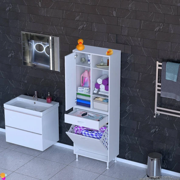 Eliusta  Mira Dolap 6 Bölme Çok Fonksiyonlu Banyo Dolabı 65 cm Beyaz Sepetli Dolap 65x171x32,5 cm Organizer - Resim 3