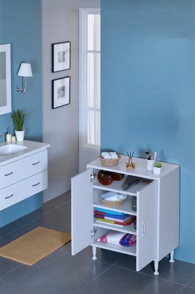 Eliusta  Nirat 55 cm 4 Bölmeli Beyaz Banyo Mutfak Dolabı 3 Raflı Kapaklı Çok Amaçlı Dolap 55x75x32,5 cm ürün görseli 1