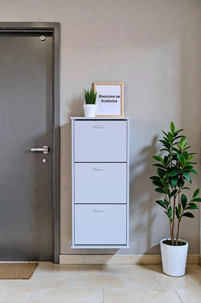 Eliusta  Soren 3 Düşer Kapaklı 52 cm Beyaz Ayakkabılık 52x114x26 cm Asma 6 Bölmeli Ayakkabılık ürün görseli 1