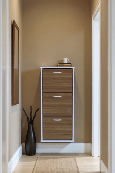 Eliusta  Soren 3 Düşer Kapaklı 52 cm Ceviz Ayakkabılık 52x114x26 cm Asma 6 Bölmeli Ayakkabılık - Resim 3