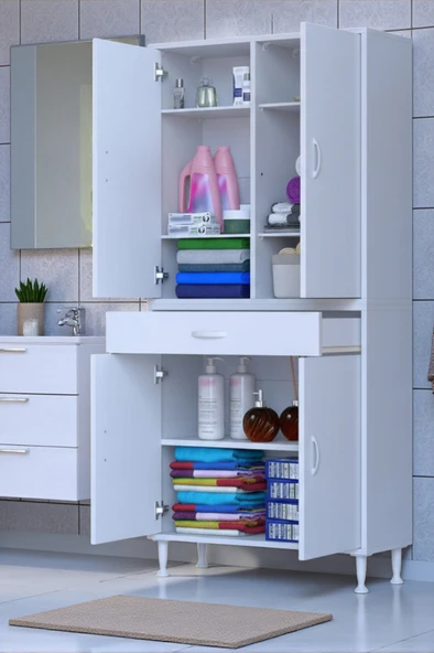 Eliusta  Line Beyaz 75 cm Banyo Dolabı Çok Bölmeli Banyo Düzenleyici Dolap 4 Kapaklı 4 Raflı 75x173x32,5 cm ürün görseli 1