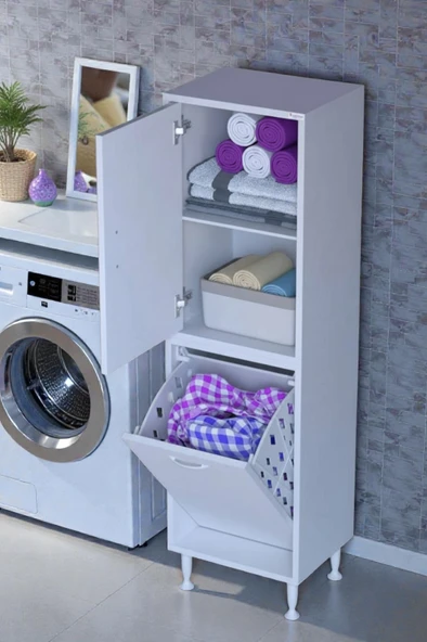 Eliusta  Miretta Üst Bölme Kapaklı Altı Kirli Sepetli Dolap 45 cm Genişlik Beyaz 45x138x32,5 cm Dolap ürün görseli 1