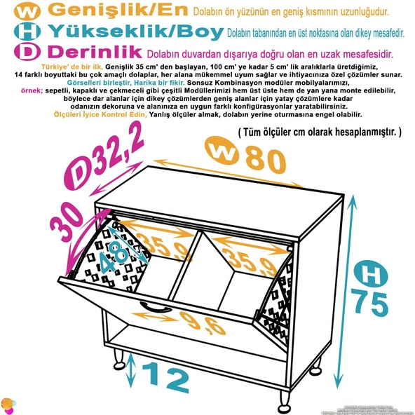 Eliusta  Sare 80 cm Beyaz Sepetli Banyo Dolabı,Mutfak Dolabı 80x75x32,5 cm Oyuncak Sepeti Çok Amaçlı Dolap - Resim 2