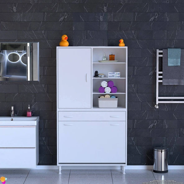 Eliusta  Rule Sepetli Banyo/Mutfak Dolabı 100 cm Genişliğe Sahip 100x171x32,5 cm Üç Sepetli Beyaz Dolap - Resim 3