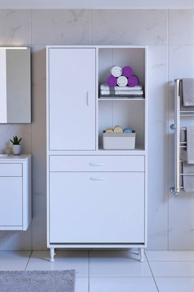 Eliusta  Liora Beyaz Çok Amaçlı Banyo Dolabı 70 cm Genişliğe Sahip 70x171x32,5 cm Çift Sepetli 2 Raflı Dolap ürün görseli 1