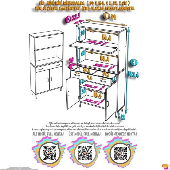 Eliusta  Avelin Kapaklı Mini/Midi Fırın Dolabı 90 cm Beyaz Çok Fonksiyonlu 90x163,4x32,5 cm Mutfak Dolabı - Resim 2