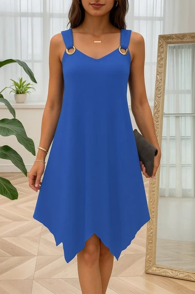 Kadın Askılı Yuvarlak Yaka Kuş Gözü Detaylı Asimetrik Viskon Elbise ürün görseli 1