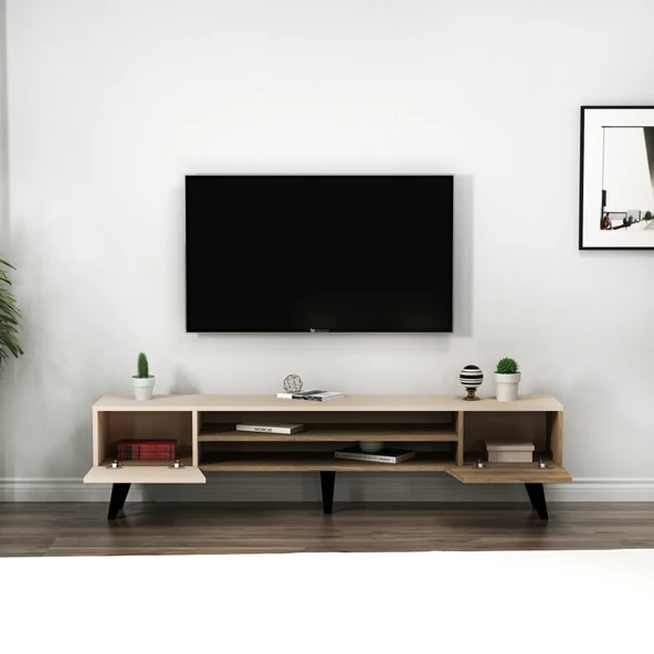 Arnetti Clara Raflı Dolaplı Modern TV Sehpası Ceviz Bej - Resim 3