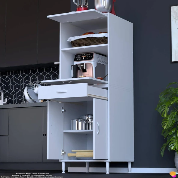 Eliusta  Ora 48 cm Derinlikte Beyaz Mutfak/Kiler Dolabı 60x162,4x48 cm 1 Çekmece 4 Kapak Modüler Dolap - Resim 3