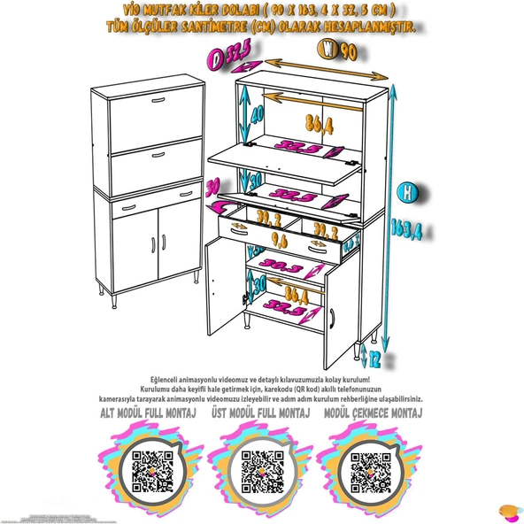 Eliusta  Solaira 90 cm Genişlik Kapaklı Mutfak Dolabı 4 Kapaklı, Çekmeceli Çok Amaçlı Mutfak/Banyo Dolabı - Resim 2