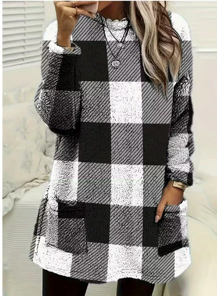 Kadın Uzun Kollu Yarı Balıkçı Yakalı Cep Detaylı Ekoseli Dokuma Tunik ürün görseli 1