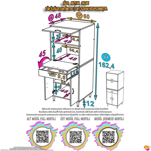 Eliusta  Ora 48 cm Derinlikte Beyaz Mutfak/Kiler Dolabı 60x162,4x48 cm 1 Çekmece 4 Kapak Modüler Dolap - Resim 2