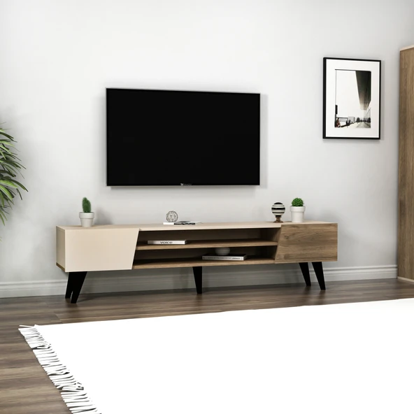 Arnetti Clara Raflı Dolaplı Modern TV Sehpası Ceviz Bej - Resim 2