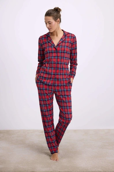 %100 Pamuklu Uzun Kol Düğmeli Gömlek ve Ekose Pantolon Pijama Takımı ürün görseli 1