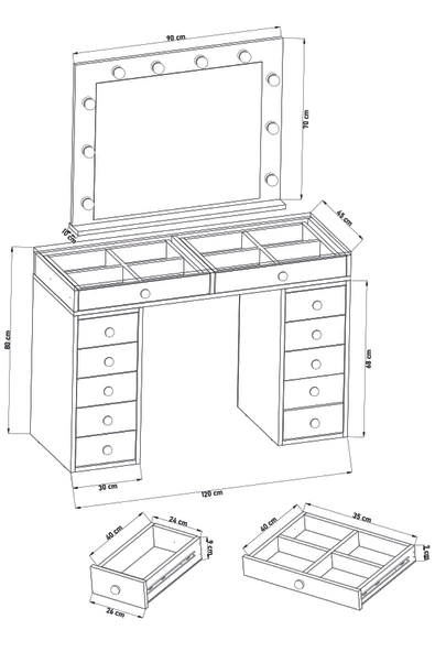 DF02115B Hollywood Işıklı Makyaj Masası 20 cm Çekmeceli, Bölmeli, Aynalı - Resim 6