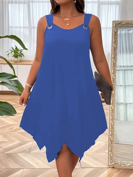 Kadın Askılı Yuvarlak Yaka Kuş Gözü Detaylı Asimetrik Viskon Elbise - Resim 3