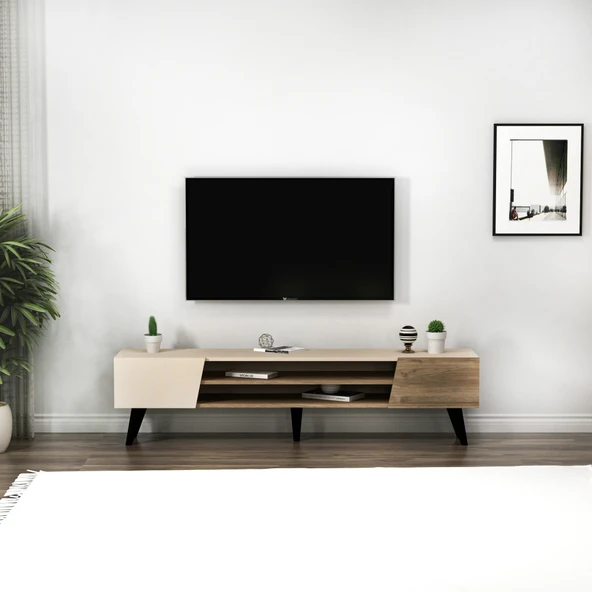 Arnetti Clara Raflı Dolaplı Modern TV Sehpası Ceviz Bej ürün görseli 1