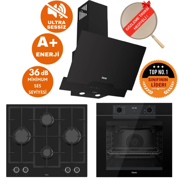 Ferre FryART & SilentArt Vesco Yeni Seri Sessiz Siyah Ankastre Set ( D063-SA + QEP63CS + LN385) ürün görseli 1