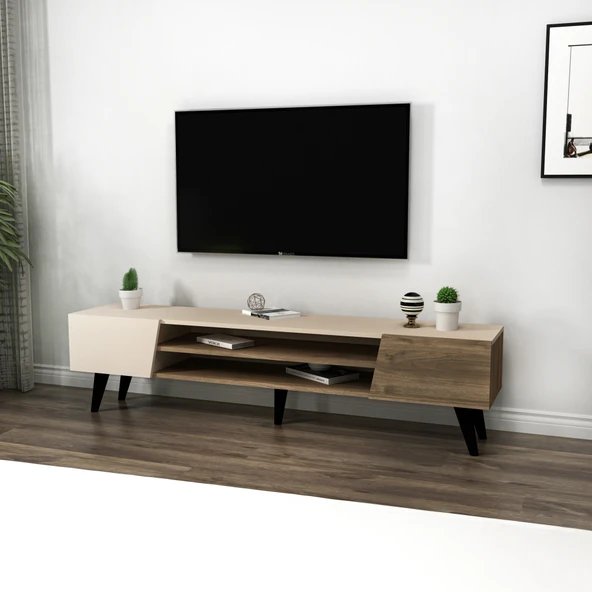 Arnetti Clara Raflı Dolaplı Modern TV Sehpası Ceviz Bej - Resim 4