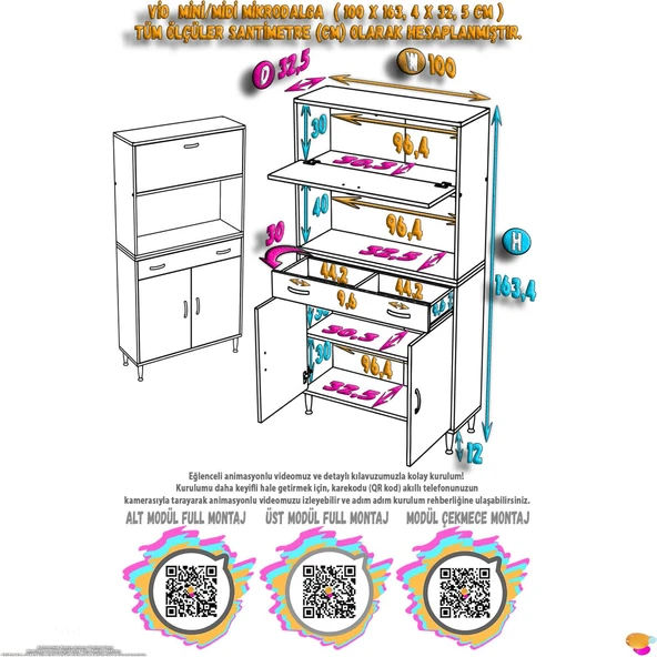 Eliusta  Avelin Kapaklı Mini/Midi Fırın Dolabı 100 cm Beyaz Çok Fonksiyonlu 100x163,4x32,5 cm Mutfak Dolabı - Resim 2