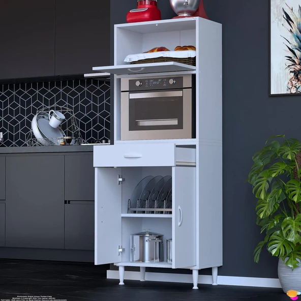 Eliusta  Avelin Kapaklı Mini/Midi Fırın Dolabı 65 cm Beyaz Çok Fonksiyonlu 65x163,4x32,5 cm Mutfak Dolabı - Resim 3