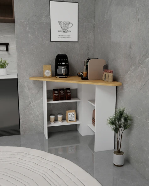 Arnetti Corner Kahve Köşesi Çok Amaçlı Raflı Mutfak Masası Safirmeşe Beyaz - Resim 4