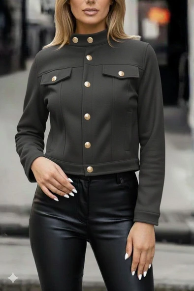 Kadın Uzun Kollu Yakadan Ve önden Düğmeli Süet Kısa Ceket - Resim 2