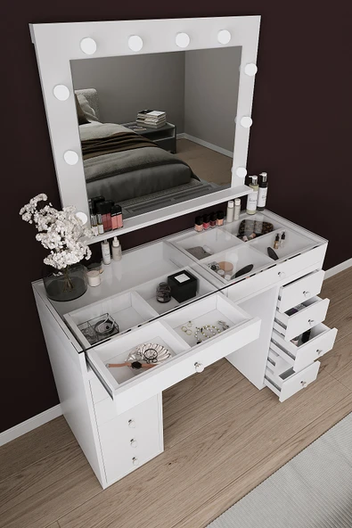 DF02115B Hollywood Işıklı Makyaj Masası 20 cm Çekmeceli, Bölmeli, Aynalı - Resim 4