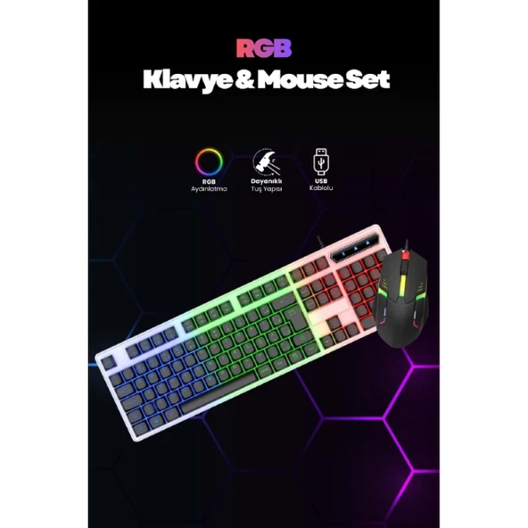Kablolu Işıklı Gaming Standart Türkçe Q Klavye Ve Mouse Seti ürün görseli 1