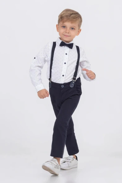 Yaprak Desenli Salopetli Gömlekli Erkek Çocuk Alt Üst Takım-2407 - Resim 4