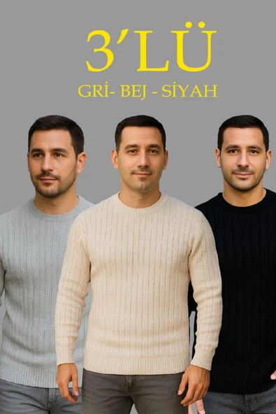 Erkek Fitilli Triko Kazak 3lü Set Bej Gri Siyah Regular Fit Bisiklet Yaka Triko Seti Kazak Modeli ürün görseli 1