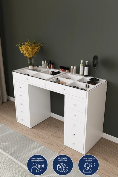DF02116B Beyaz Geniş Organizer Bölmeli Çekmeceli Makyaj Masası 120 cm ürün görseli 1
