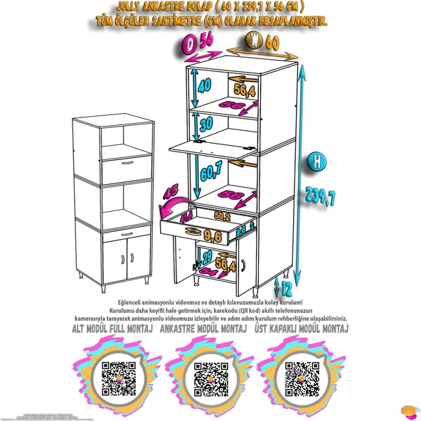 Eliusta  Fayora Özel Boyut Fırın Dolabı 3 Kapaklı Çekmeceli 60x239,7x56 cm Beyaz Boy Dolap - Resim 2