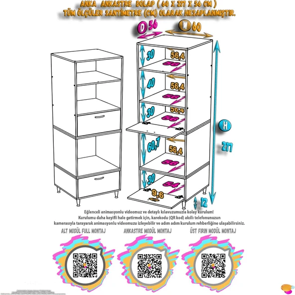 Eliusta  Viramo Mikrodalga/Ankastre Fırın Dolabı Çoklu Bölmelerle 2 Kapaklı Depolama Alanlı 60x217x56 cm - Resim 2