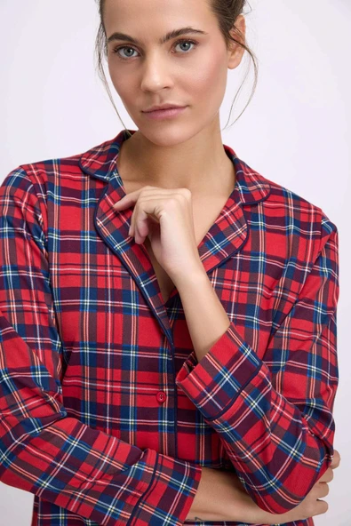 %100 Pamuklu Uzun Kol Düğmeli Gömlek ve Ekose Pantolon Pijama Takımı - Resim 2