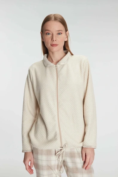 Litae Fermuarlı Uzun Kol Sweatshirt Pantolon Takım Viskon ve Pamuklu Pijama Takımı - Resim 4