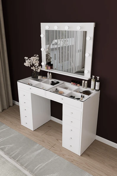 DF02115B Hollywood Işıklı Makyaj Masası 20 cm Çekmeceli, Bölmeli, Aynalı - Resim 3