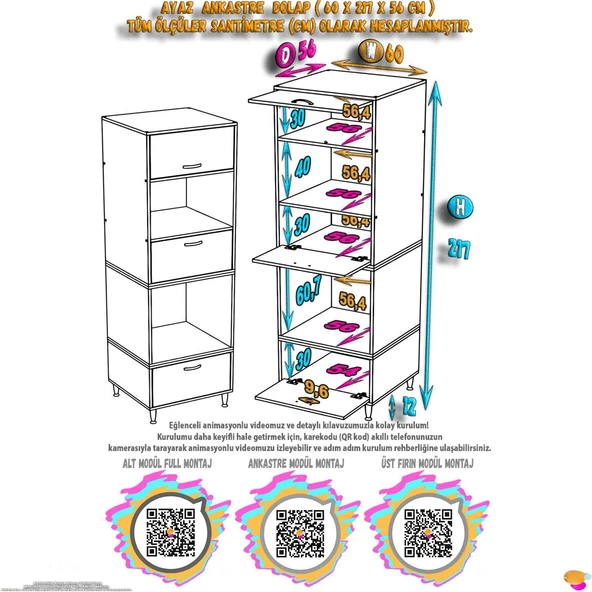 Eliusta  Viramo Mikrodalga/Ankastre Fırın Dolabı Çoklu Bölmelerle 3 Kapaklı Depolama Alanlı 60x217x56 cm - Resim 2